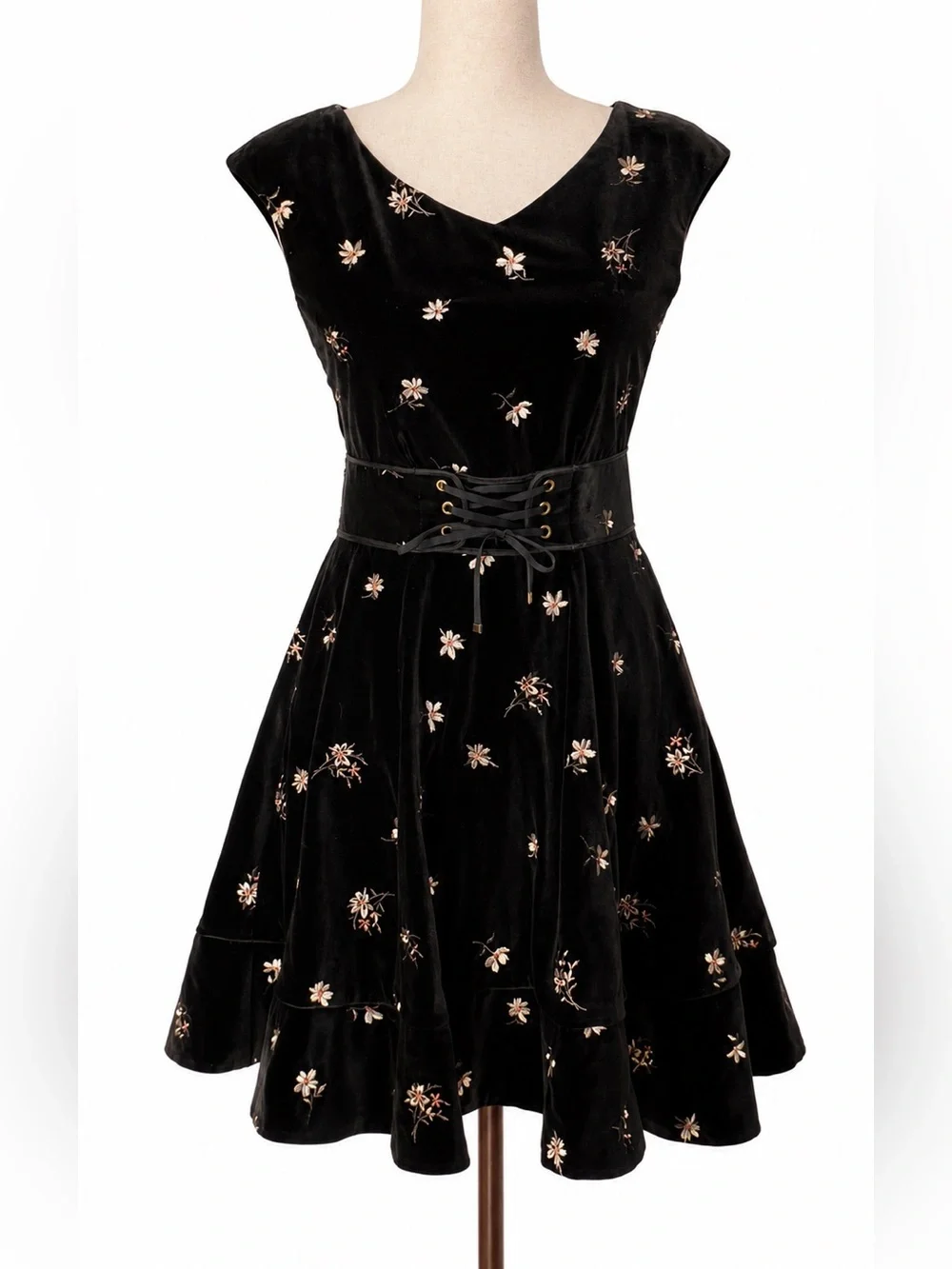 Velvet corset waist fit & flare mini dress with embroidered flowers- XS